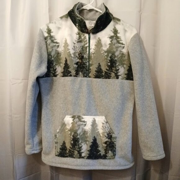 New Fleece Mock neck Sweatshirt M Gray Green Trees Pullover 1/2 zip, pocket - Picture 1 of 8